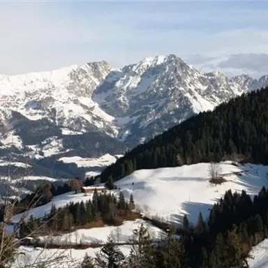 A snow-covered mountain landscape with high peaks and green forests. The sky is clear and nature feels peaceful.