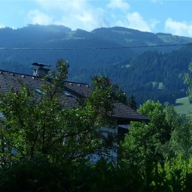 A picturesque landscape with mountains in the background and a clear sky. In the foreground, green trees and a residential house can be seen.