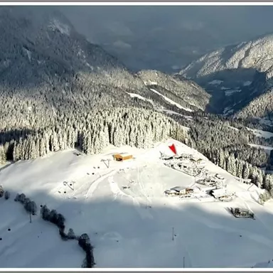 Eine winterliche Berglandschaft mit verschneiten Bäumen und Hügeln. Im Hintergrund sind das Skigebiet und die Berge sichtbar.