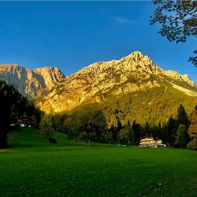 Eine beeindruckende Berglandschaft mit hohen Gipfeln und einem klaren blauen Himmel. Im Vordergrund ist eine grüne Wiese und einige Bäume zu sehen.