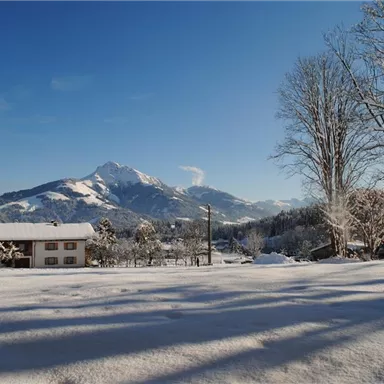 A winter landscape with snow-covered fields and a view of snow-covered mountains. In the foreground, there is a cozy house under a clear blue sky.