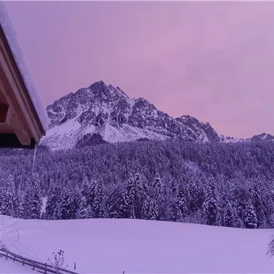 A snowy landscape with mountains in the background. The sky has a soft pink hue.
