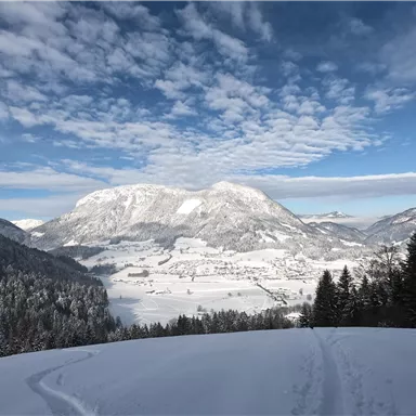 Eine winterliche Landschaft mit schneebedeckten Bergen und einem klaren Himmel. Im Vordergrund sind Schneespuren im weißen Schnee sichtbar.