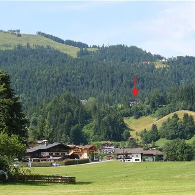Eine grüne Berglandschaft mit dichtem Wald und sanften Hügeln. Im Vordergrund befinden sich traditionelle alpine Gebäude.