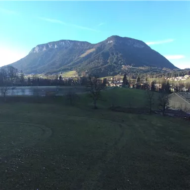 A gentle landscape with green meadows and mountains in the background. The sky is blue and clear.