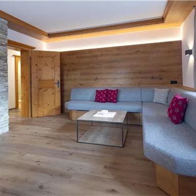 A modern living room with a cozy seating area and wooden paneling. The room has large windows and a table in the center.