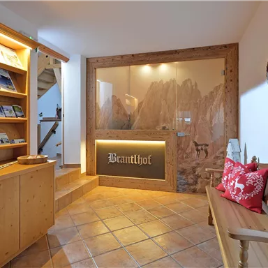 An inviting reception area with wooden shelves and a reception desk. The room is bright and cheerfully designed.