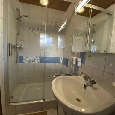 Ein modernes Badezimmer mit einer gläsernen Duschkabine und einem eleganten Waschbecken. Die Wände sind hell gefliest und es gibt eine Holzdecke.