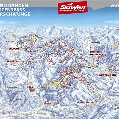 A map of the SkiWelt ski area with 90 lifts and 284 km of slopes. The region offers numerous runs and cabins for winter sports enthusiasts.