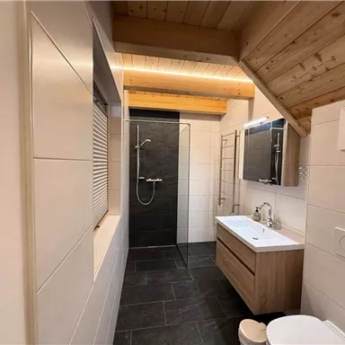 A modern bathroom with a wooden ceiling and elegant tiles. It includes a shower cubicle, a sink, and a toilet.