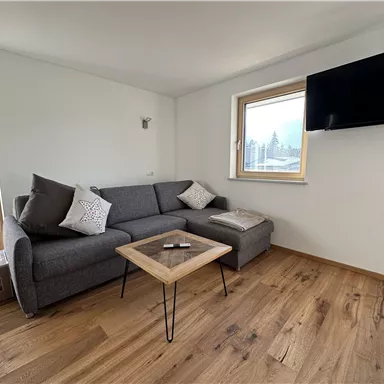 Ein modernes Wohnzimmer mit einem grauen Sofa und einem Holztisch. Große Fenster sorgen für viel Tageslicht und Blick nach draußen.