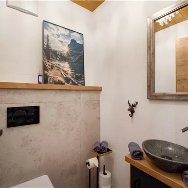 A modern bathroom with an elegant sink and wooden shelves. On the wall hangs a picture of a landscape, and there are some towels as well as toilet paper nearby.