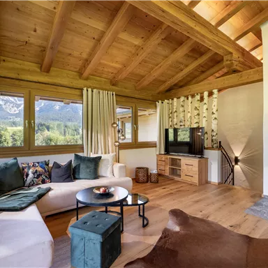 Modern living space with wooden ceiling and large windows that offer a view of the mountains. A cozy couch, a coffee table, and a television complete the decor.