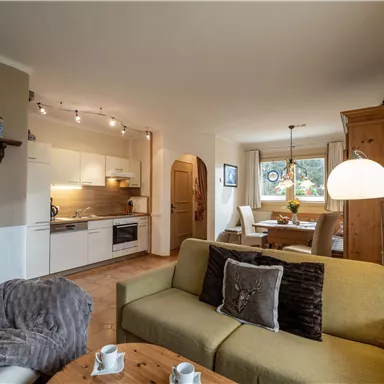 Eine gemütliche Wohnzimmer-Küche mit modernen Möbeln. Ein helles Ambiente mit einem Essbereich und großen Fenstern.