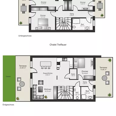 A floor plan of a chalet, divided into two floors. Above are the rooms of the upper floor, below are the rooms of the ground floor with terraces.