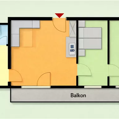 A simple floor plan drawing of an apartment with three rooms. The balcony is marked at the bottom.