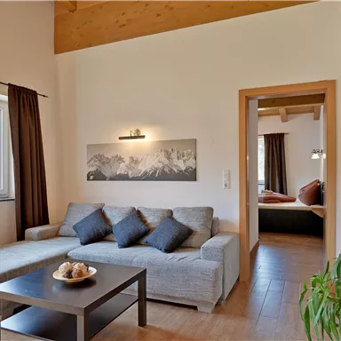 Ein modernes Wohnzimmer mit einem grauen Sofa und dekorativen Kissen. Im Hintergrund ist ein weiterer Raum mit einem gemütlichen Bett und Pflanzen zu sehen.