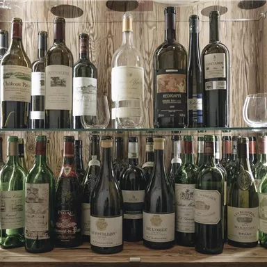 Ein Weinschrank mit verschiedenen Flaschen Wein auf zwei Regalen. Die Flaschen sind gut sortiert und einige Gläser sind ebenfalls sichtbar.