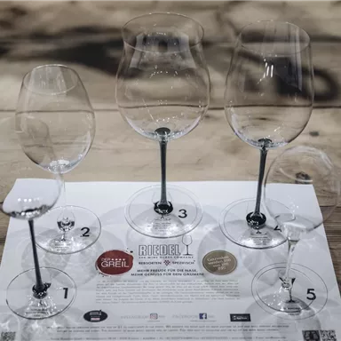 Fünf Weingläser stehen auf einem Tisch aus Holz. Unter den Gläsern liegt ein Informationsblatt mit verschiedenen Logos und Zahlen.