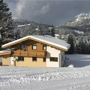 A cozy house in a snow-covered landscape, surrounded by pine trees. In the background, gentle hills and mountains can be seen.