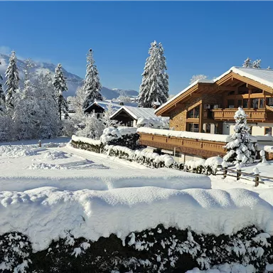 A snowy landscape with tall fir trees and traditional wooden houses. The clear blue sky creates a peaceful winter atmosphere.