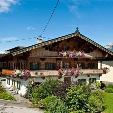 Ein traditionelles Holzhaus in den Alpen mit blühenden Pflanzen auf dem Balkon. Die Umgebung ist grün und der Himmel ist blau.