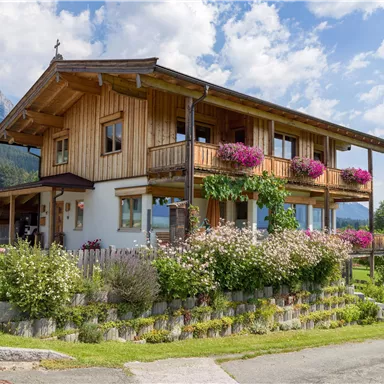 A cozy wooden house with balconies, surrounded by colorful flowers. In the background, green meadows and mountains are visible.