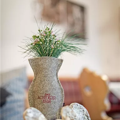 A decorative stone vase with a small plant sits on a wooden table. In the foreground, there are two heart-shaped decorative objects.