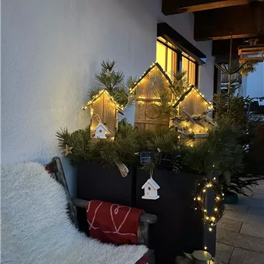 A cozy outdoor area with decorated birdhouses and lights. In the background, there's a soft blanket and some plants visible.