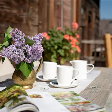 A beautiful outdoor table with a bouquet of lilacs and two coffee cups. In the background, blooming plants and a cozy wooden structure can be seen.