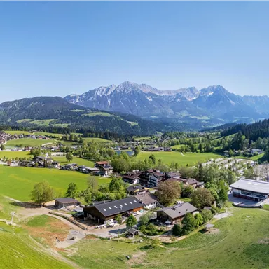 An idyllic landscape with green meadows and a small village in the foreground. In the background, majestic mountains rise under a clear blue sky.