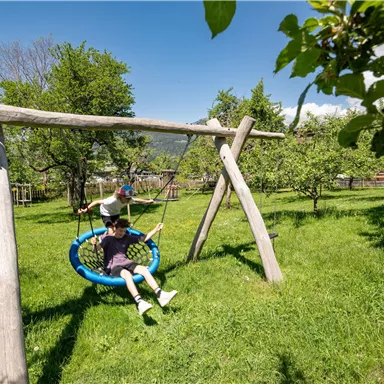 A playground with a large, round swing in a green garden. Two children are happily playing by the swing under a blue sky.