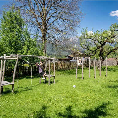 A playground in a green meadow with wooden swings. In the background, there are trees and a clear sky.