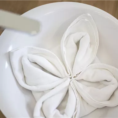 Eine sauber gefaltete Serviette in einer weißen Schüssel. Der Faltstil erinnert an eine Blume.