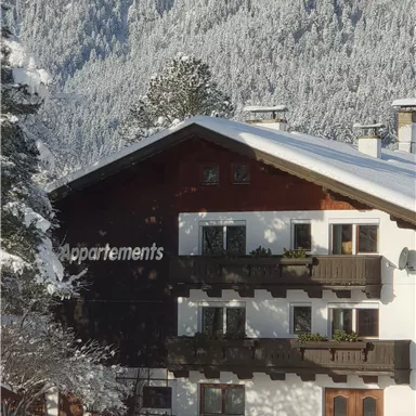 A beautiful, snow-covered holiday home with balconies. In the background, forested mountains can be seen.