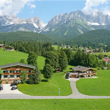 Eine malerische Landschaft mit grünen Wiesen und charmanten Häusern. Im Hintergrund erheben sich majestätische Berge unter einem klaren Himmel.