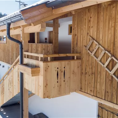 Ein modernes Holzhaus mit einem Balkon und einer Leiter. Im Hintergrund sind schneebedeckte Berge zu sehen.