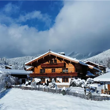A picturesque holiday home in a snowy landscape. The surroundings are covered with fresh snow and the mountains are visible in the background.