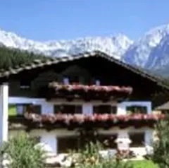 A charming house with blooming balconies, surrounded by green meadows. In the background, majestic mountains rise under a clear blue sky.