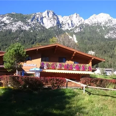 A charming wooden house surrounded by colorful flowers and bushes, with mountains in the background. The clear, sunny atmosphere conveys inviting coziness.