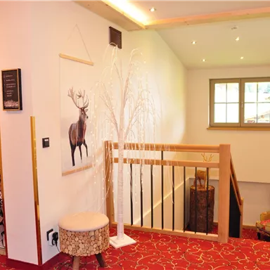 An inviting hallway with bright light and modern furnishings. On the left side, there is a decorative wall featuring a deer motif and a great view outside.