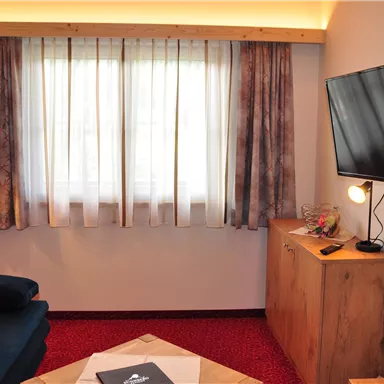 A cozy room with a blue sofa, a TV on the wall, and a table. Light curtains hang in front of the window.