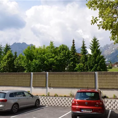 Ein Parkplatz mit zwei Autos und einer grünen Baumreihe im Hintergrund. Im Hintergrund sind Berge und ein bewölkter Himmel zu sehen.