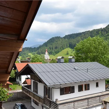 Eine malerische Aussicht auf ein kleines Dorf mit traditionellen Häusern und einer grünen Berglandschaft im Hintergrund. Der Himmel ist bewölkt und es ist eine ruhige, friedliche Atmosphäre.