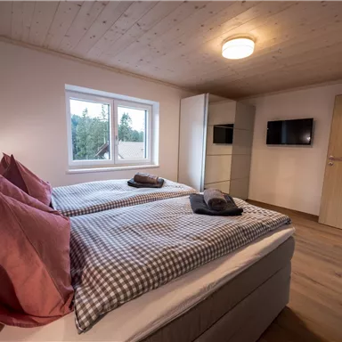 Ein modernes Schlafzimmer mit zwei Einzelbetten und gemütlichen Kissen. Es gibt ein Fenster, einen Fernseher und einen Schrank.