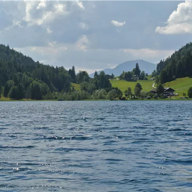 A quiet lake surrounded by green hills and forests. In the background, mountains and a picturesque landscape can be seen.