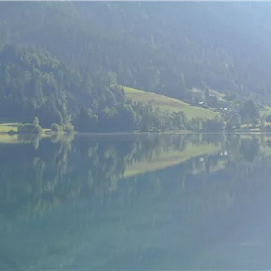 A tranquil lake, surrounded by green forests and gentle hills. The water reflects the landscape and the clear sky.
