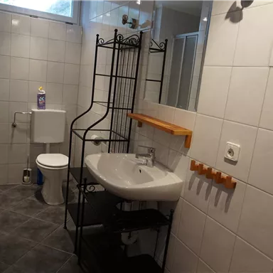 A modern bathroom with tiled walls. There is a sink, a toilet, and a shower in a bright room.