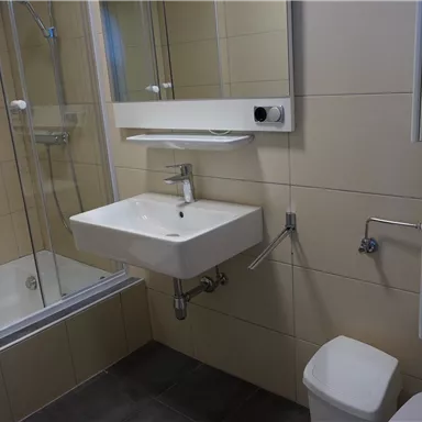 A modern bathroom with a shower, a sink, and a toilet cabinet. The walls are brightly tiled, and there are large mirrors.