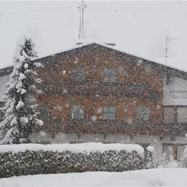 Ein rustikales Holzhaus im Schnee, umgeben von einer winterlichen Landschaft. Starke Schneefälle sorgen für eine verschneite Atmosphäre.